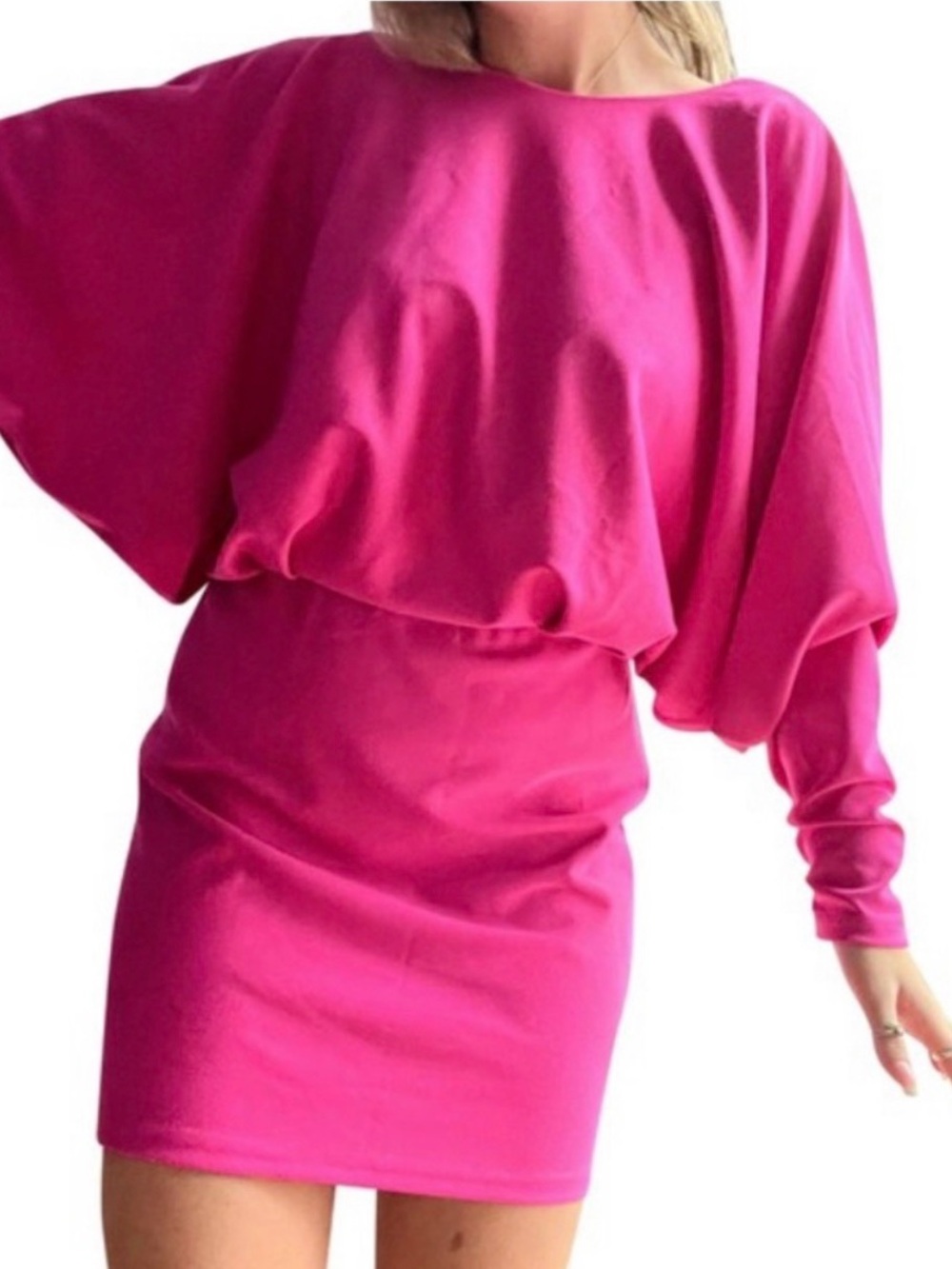 ZARA Fuchsia Bright Pink Gathered Batwing Backless Mini Dress